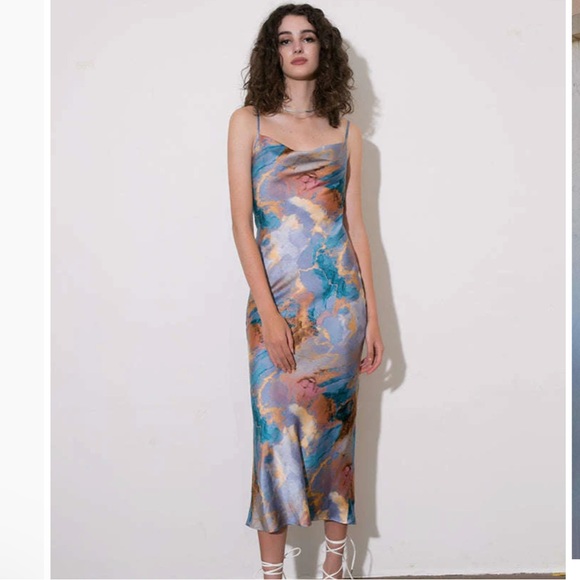 NEW WOMENS MICA ABSTRACT PRINT BACKLESS MIDI SLIP DRESS - Picture 2 of 10